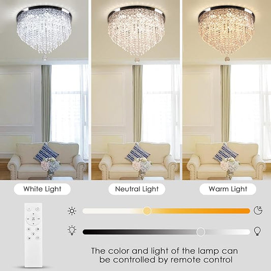 Modern 19.7" Crystal LED Ceiling Light with Remote Control, Flush Mount Chandelier, Dimmable & 3 CCT, 5-Tier K9 Crystal, Chrome Finish for Living Room Bedroom Dining Room