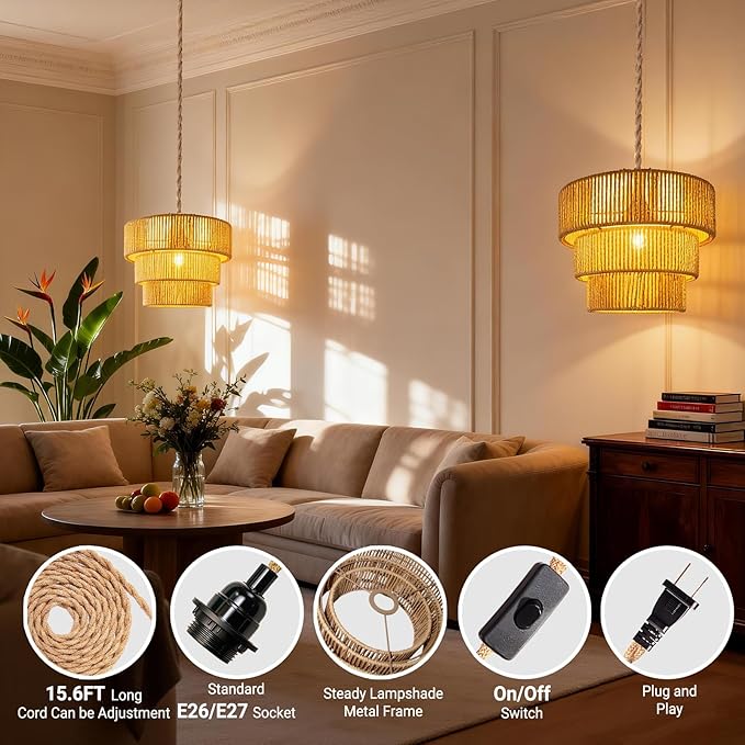 Hanging Light Ceiling Lamp Pendant Lights Rattan Hanging Lamp with Plug in Cord for Living Room Bedroom Kitchen Indoor Hanging Lamp Plug in Woven Lampshade