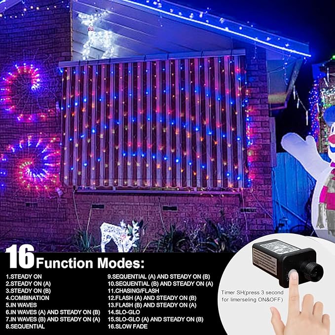 LAMPHOME Red White and Blue Patriotic String Lights, 66ft 200LED 4th of July Lights Plug in, 16 Modes with Timer Outdoor String Lights for Independence Day Memorial Day Patriotic Tree Holiday Decor