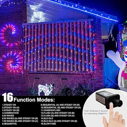 LAMPHOME 33ft Red White Blue String Lights, 100LED 4th of July Patriotic Fairy Lights Plug in,16 Lighting Modes with timer Starry Lights for Outdoor Tree Independence Day Memorial Day tree Party Decor