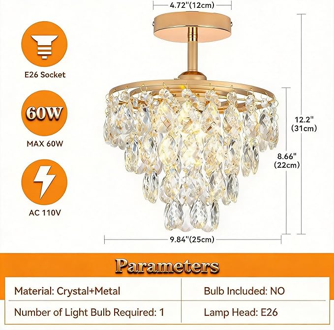 Mini Crystal Chandelier Small Modern Crystal Flush Mount Ceiling Light for Hallway Closet, E26 Base, K9 Crystal (Gold-Ceiling)
