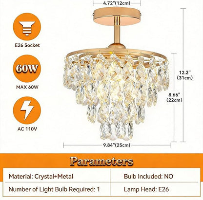 Mini Crystal Chandelier Small Modern Crystal Flush Mount Ceiling Light for Hallway Closet, E26 Base, K9 Crystal (Gold-Ceiling)