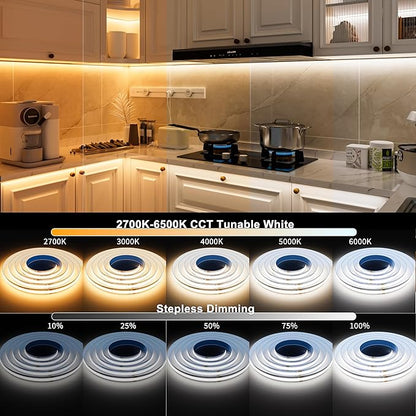 MIWISE COB LED Strip Light White LED Tape Lights 2700K-6500K 24V Color Changing Dimmable 32.8ft UL-Listed Super Bright with Remote & APP Control for Under Cabinets,Bedroom,Kitchen,Mirror,DIY Lighting