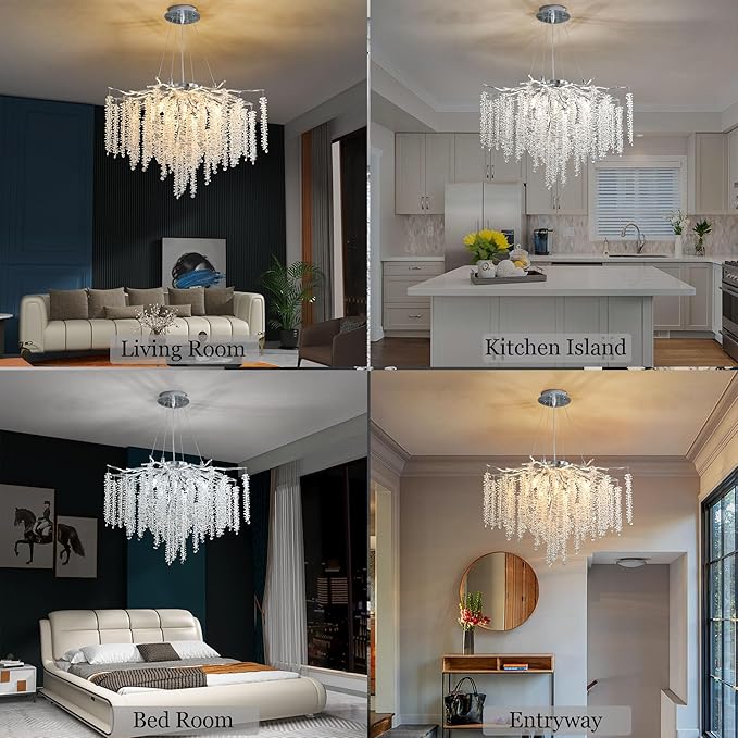 Modern Crystal Tree Branch Chandelier, D23.7'' Silver Round Raindrop Indoor Hanging Pendant Light Fixture for Dining Room Living Room Bedroom 8 Lights