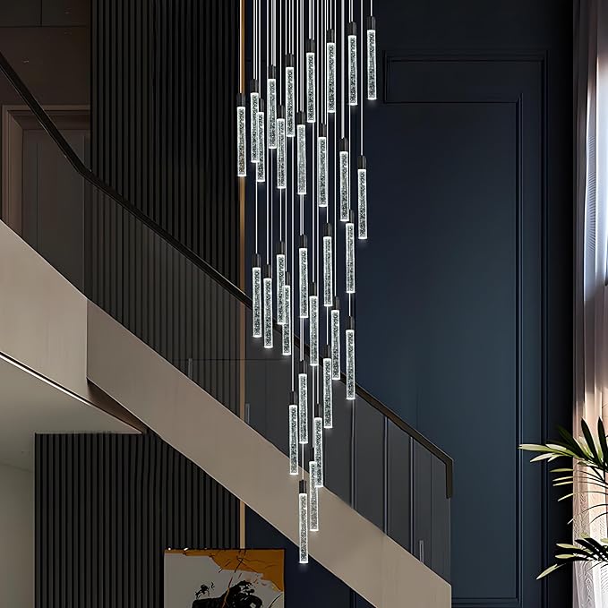 30-Lights Bubble Chandelier for Entryway High Ceiling-196 Height Adjustable Crystal Chandelier,3 Color Temperature Dimmable LED Pendant Light Fixture for Foyer Living Room Staircase,Matte Black