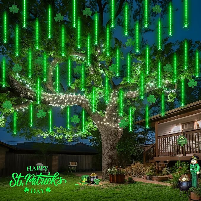 JMEXSUSS Green Solar Lights Outdoor for St. Patrick's Day Decorations, 8 Tube 144 LEDs Solar Meteor Shower Rain Lights, Green Christmas Light for Tree Eaves Yard Fence Porch Decor