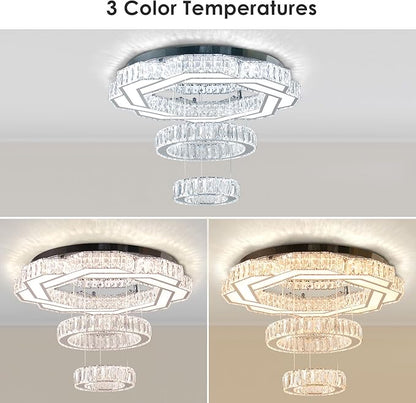 22.5" Crystal Chandeliers Living Room Modern Crystal Ceiling Light with Remote LED Ring Round Pendant Light Flush Mount Chandelier for Bedroom Dining Room Entryway Dimmable