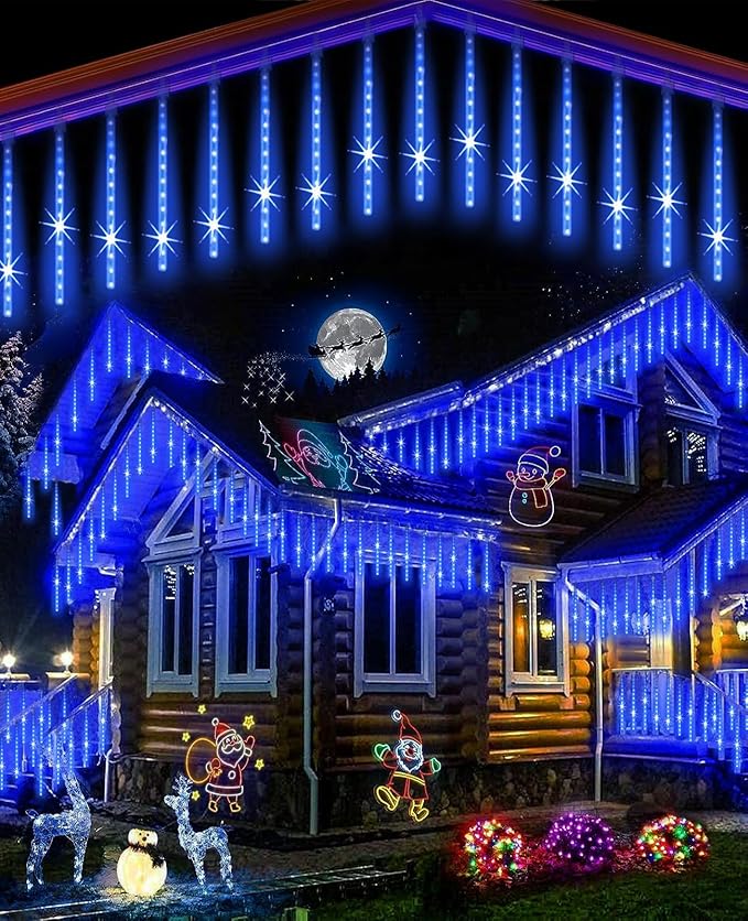 EAGWELL Christmas Lights Outdoor, 20 Inch 20 Tubes 1080 LED Blue Meteor Shower Lights, Cascading Snow Falling Icicle for Xmas Tree Yard Halloween Wedding Party Decor