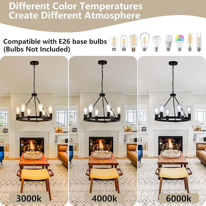 9MMML Black Wagon Wheel Chandelier, 6-Light Industrial Pendant Light, 20'' Farmhouse Ceiling Hanging Chandelier Light Fixture for Living Room, Bedroom, Entryway, Foyer