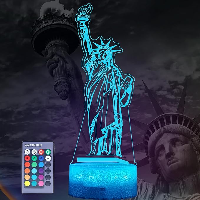 Statue of Liberty Night Light, 3D Illusion Lamp with 16 Colors Changing, Timer, 4 Flash Modes and Dimmable, Kids Boys Girls Room Decor, Holiday Xmas World Landmark Building Gifts