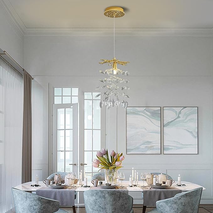 Modern K9 Crystal Tree Branches Chandelier, 8.6in Gold 1 Lights Large Ceiling Hanging Light for Dining Room, Round Tassel Ceiling Hanging