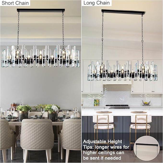 54" Black Rectangular Chandelier, 24-Light Modern Crystal Chandelier for Dining Room, Kitchen Island, Living Room, Luxury K9 Crystal Adjustable Chain Chandelier Light Fixture
