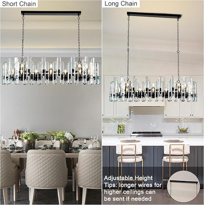 54" Black Rectangular Chandelier, 24-Light Modern Crystal Chandelier for Dining Room, Kitchen Island, Living Room, Luxury K9 Crystal Adjustable Chain Chandelier Light Fixture