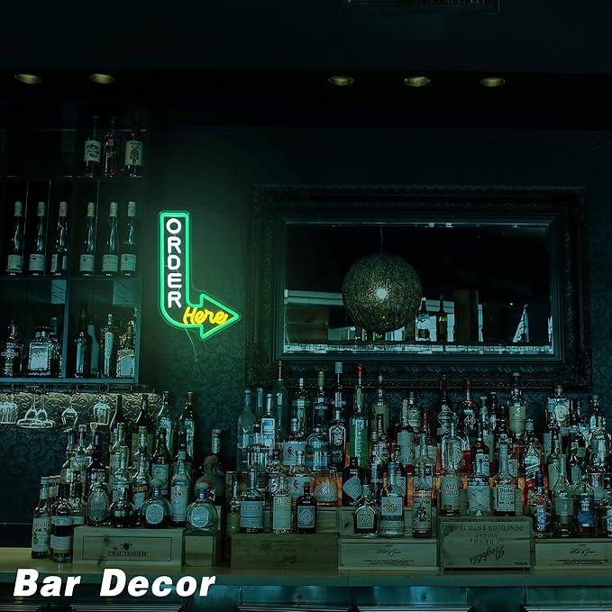 Order Here Neon Sign Pick up Here Signs for Wall Decor Green & Yellow Neon Light for Restaurants Cafes and Food Service Areas Attractive Point of Sale Lighting to Guide Customers(10.1 * 15.7inch)