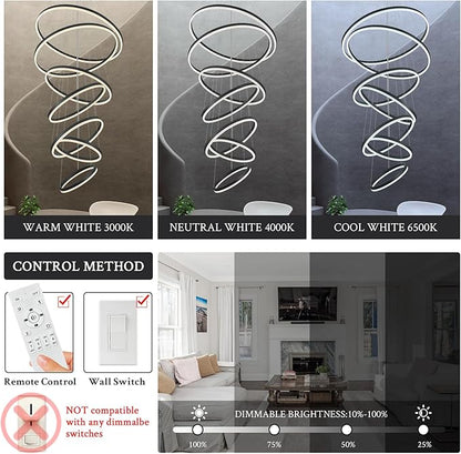 7-Rings D31.5’’ Modern LED Chandelier Black Dimmable High Ceiling Chandeliers Foyer with Remote Control for Staircase Entryway Dining Room Living Room, 3000K-6500K