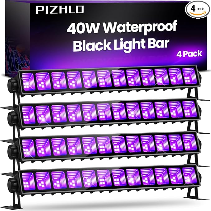 Upgraded 4 Pack 40W Blacklight Bar, IP66 Waterproof LED Black Light with Plug+Switch+6ft Cord, Each Light Up 24x24ft, for Outdoor, Glow Party, Halloween, Body Paint, Bedroom, Classroom, Stage Lighting