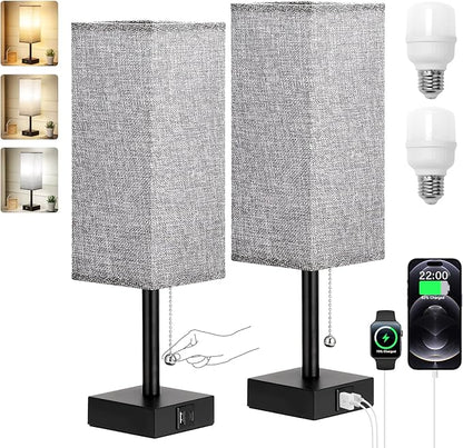 aooshine Bedside Table Lamps Set of 2 - Gray Bedroom Lamps with 3 Color Temperatures (3000K/5000K/4000K), Square Nightstand Light with USB C + A Charging Ports, Pull Chain Small Night Light