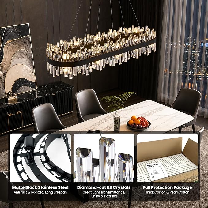 Large Rectangular Crystal Chandelier for Dining Room, 20-Light Modern 2-Tiers Oval Flush Mount Pendant Ceiling Light Fixture for Living Room Kitchen Island Bar 52 Inches