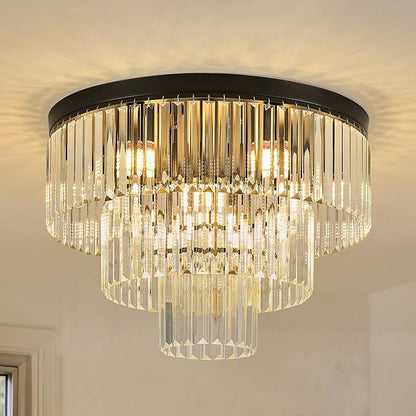 21.65" Black Crystal Ceiling Light 10-Light Modern Crystal Ceiling Light Fixture 3-Tier Luxury K9 Crystal Ceiling Light,for Dining Room Kitchen Island Living Room Bedroom