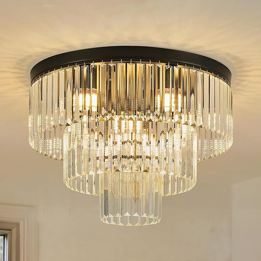 21.65" Black Crystal Ceiling Light 10-Light Modern Crystal Ceiling Light Fixture 3-Tier Luxury K9 Crystal Ceiling Light,for Dining Room Kitchen Island Living Room Bedroom