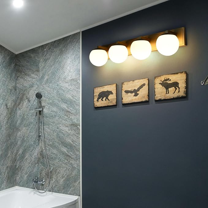 Gold Bathroom Vanity Light Fixtures, 4-Light Globe Bathroom Lighting Fixtures Over Mirror, Modern Wall Lights for Living Room, Long Backplate, Standard E26 Base, Aged Brass
