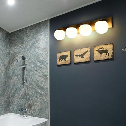 Gold Bathroom Vanity Light Fixtures, 4-Light Globe Bathroom Lighting Fixtures Over Mirror, Modern Wall Lights for Living Room, Long Backplate, Standard E26 Base, Aged Brass