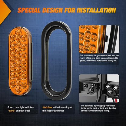 Nilight 6Inch Oval Trailer Tail Light 2PCS Amber 24LED Turn Signal Lights w/Flush Mount Grommets Plugs IP67 Waterproof for 12V Truck ATV UTV Bus RV Camper
