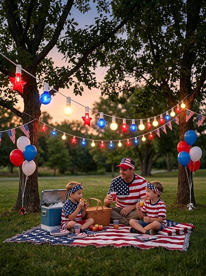 19Ft 4th of July Lights Outdoor, Waterproof Red White and Blue String Lights Plug in Connectable for Patriotic Porch Bistro Backyard Party Independence Day Decorations, E12/C7 Base Lights