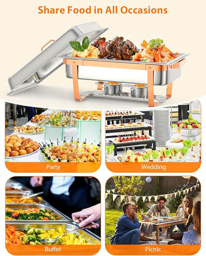 6 Pack Chafing Dishes for Buffet, Stainless Steel Catering Chafer with Lids, Pans & Fuel Holder, 8QT Food Warmers for Parties Buffet, Buffet Servers and Warmers for Parties, Events, Weddings,Rose Gold