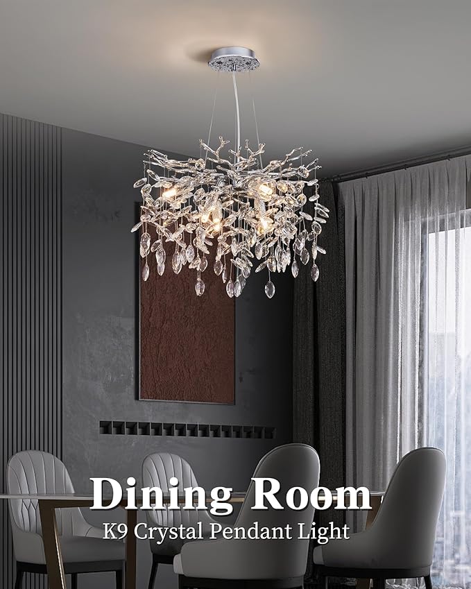 Modern Tree Branch Crystal Chandelier Luxury Silver Crystal Pendant Lighting 18" Contemporary 6-Light Chandeliers for Dining Room Kitchen Bedroom Living Room