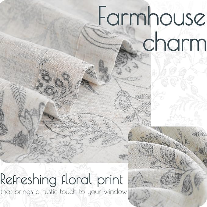 jinchan Floral Kitchen Curtains for Windows 36 Inch Gray Linen Tier Farmhouse Cafe Curtains Country Botanic Small Window Rod Pocket Rustic Flax for Laundry Bathroom RV 2 Panels Grey on Beige