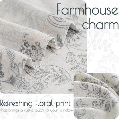 jinchan Floral Kitchen Curtains for Windows 36 Inch Gray Linen Tier Farmhouse Cafe Curtains Country Botanic Small Window Rod Pocket Rustic Flax for Laundry Bathroom RV 2 Panels Grey on Beige