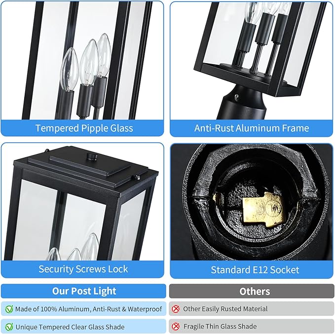 16.6'' Dusk to Dawn Post Light Outdoor, Large 3-Light Lamp Post Light Fixture, Modern Pillar Outside Lighting Waterproof Post Lantern Pole Lights for Porch, 1 Pack (Not Include Mounting Base)