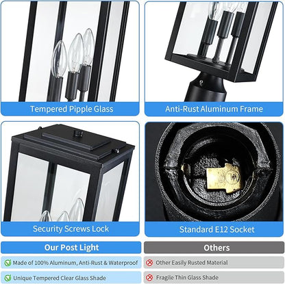 16.6'' Dusk to Dawn Post Light Outdoor, Large 3-Light Lamp Post Light Fixture, Modern Pillar Outside Lighting Waterproof Post Lantern Pole Lights for Porch, 1 Pack (Not Include Mounting Base)