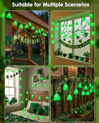 SUNSGNE St. Patrick's Day Lights Shamrocks Decorative String Light, Lucky Clover String Lights with 10 LED Green Fairy Bulbs for Indoor Outdoor St. Patrick's Party Holiday Decor, White Wire
