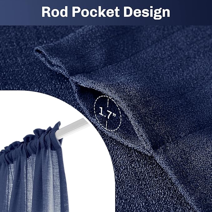 Melodieux Navy Semi Sheer Curtain Valance for Kitchen Cafe Small Windows Linen Look Rod Pocket, 52 by 18 Inch, 1 Panel