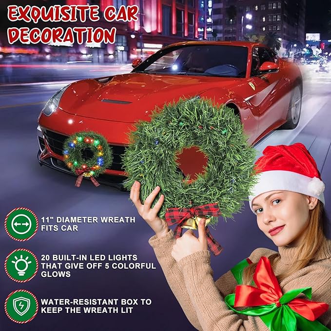 moveland 11" LED Christmas Car Wreath - 5 Colors Lights Artificial Christmas Wreath with Bow and Bells - Christmas Decoration for Golf Carts Jeeps Trucks SUVs Decor