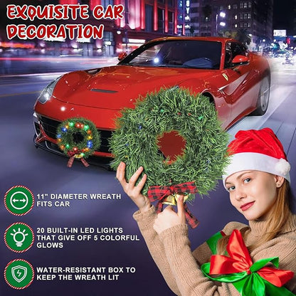 moveland 11" LED Christmas Car Wreath - 5 Colors Lights Artificial Christmas Wreath with Bow and Bells - Christmas Decoration for Golf Carts Jeeps Trucks SUVs Decor