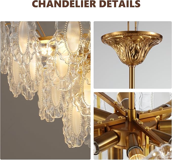 Gold Crystal Chandelier,24-inch Glass Kitchen Island Lights,10 Lights Dining Room Hanging Pendant Light Fixture for Living Room, Bedroom,Foyer, Bathroom,Entryway, Brass Finish, D23.62 xH19.68