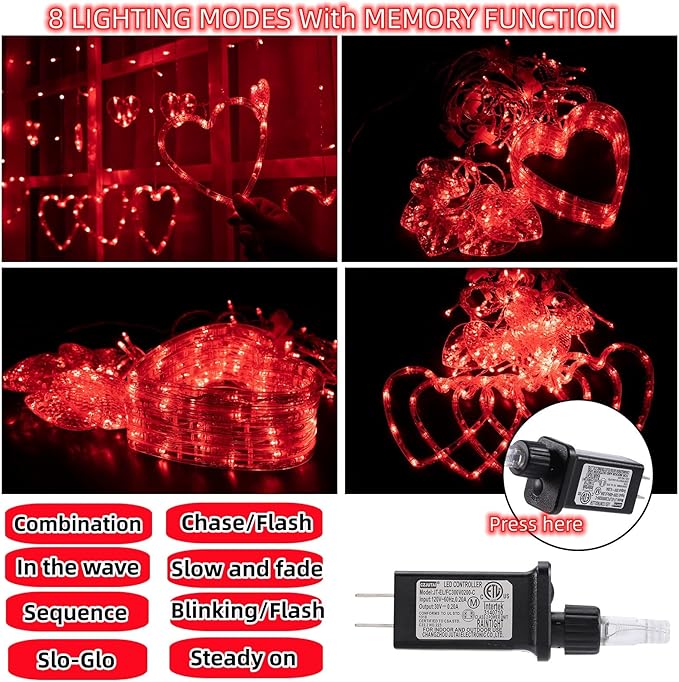 Efunly Valentines Day Decor Lights,138 LED 12-Heart-Shaped String Lights Waterproof,8 Modes Connetable 29V Plug in Curtain Lights for Kids Bedroom Wedding Party Valentines Day Decoration (Red)