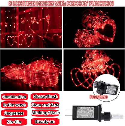 Efunly Valentines Day Decor Lights,138 LED 12-Heart-Shaped String Lights Waterproof,8 Modes Connetable 29V Plug in Curtain Lights for Kids Bedroom Wedding Party Valentines Day Decoration (Red)