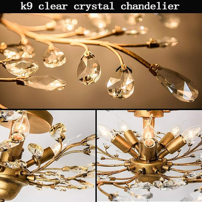 Garwarm Vintage K9 Clear Crystal Chandeliers Ceiling Lights Crystal Pendant Lighting Ceiling Light Fixtures Chandeliers Lighting for Living Room Bedroom Restaurant Porch Chandelier (5 Light,Gold)