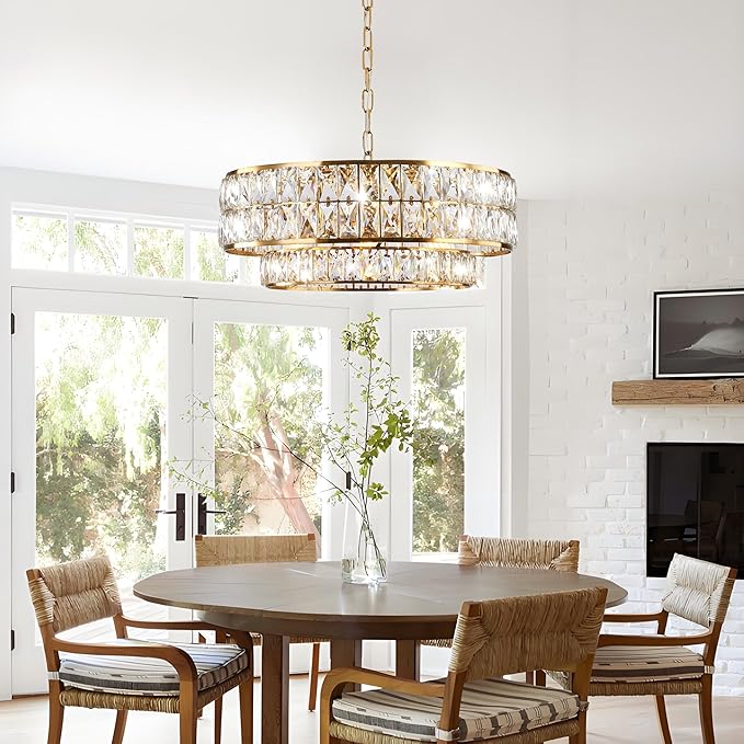 20 Inch Contemporary Luxury Crystal Chandelier, 6-Light Gold Semi-Flush Mount Ceiling Fixture, Round Crystal Pendant Design Perfect for Living Room, Dining Room, Kitchen, Foyer & Bedroom
