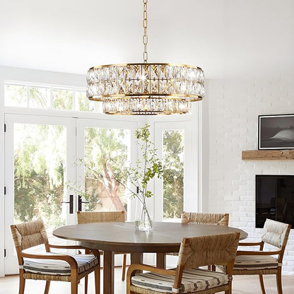 20 Inch Contemporary Luxury Crystal Chandelier, 6-Light Gold Semi-Flush Mount Ceiling Fixture, Round Crystal Pendant Design Perfect for Living Room, Dining Room, Kitchen, Foyer & Bedroom