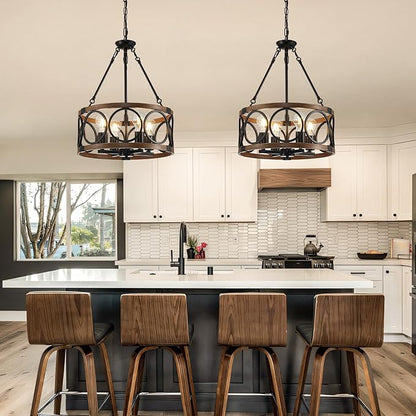 16'' Farmhouse Chandelier, 4-Light Walnut Wood Grain Dining Room Light Fixture Over Table, Rustic Industrial Drum Hanging Pendant Lights Fixture for Kitchen Island Bedroom Hallway Foyer Entryway