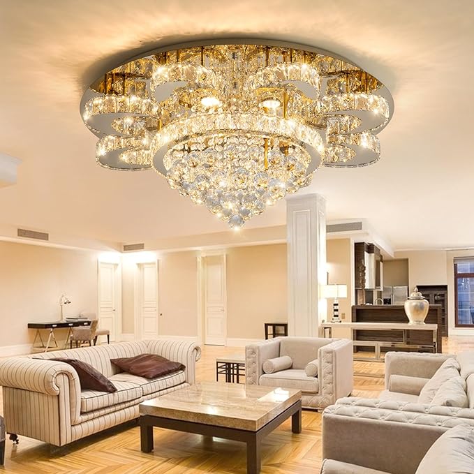 HAIXIANG Modern Chandelier Living Room Glam Chandeliers Ceiling Light Fixture Remote Dimmable Lights 32 Inches Luxury Crystal Gold Light