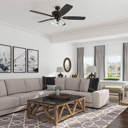 Prominence Home Marston, 52 Inch Traditional Indoor LED Ceiling Fan with Light, Pull Chain, Three Mounting Options, 5 Dual Finish Blades, Reversible Motor - 51017-01 (Oil Rubbed Bronze)