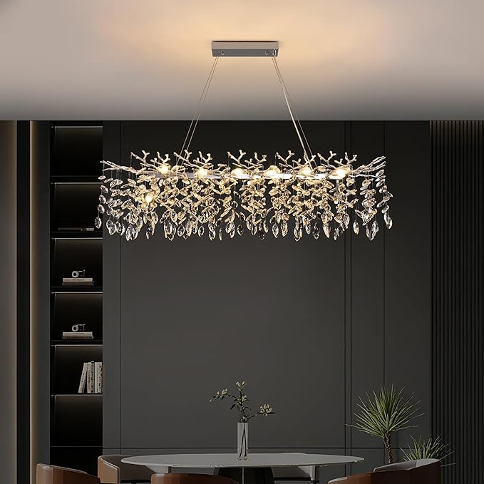 Tree Branch Chandelier Modern Crystal Pendant Light, Luxury Chrome Linear Rectangle Art Deco Raindrop Lighting Fixture for Dining Room Kitchen Island Living Room 10 Lights L40''