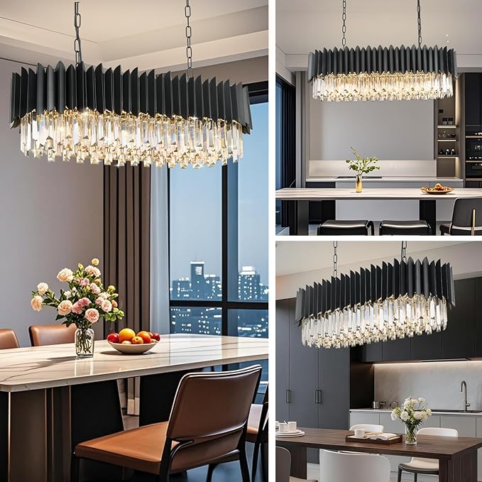 Modern Black Rectangular Crystal Chandelier for Dining Room 3-Tiers 8 Lights Luxury Oval Ceiling Hanging Light Contemporary Pendant Light Fixture for Kitchen Island Living Room Bar L33 inch
