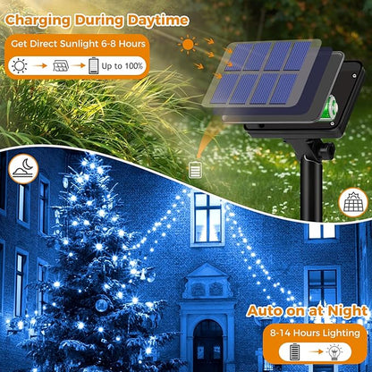 2 Pack Solar String Lights for Outside - 160LED 66FT Solar Fairy Lights Outdoor Waterproof 8 Modes, Copper Wire Solar Powered Twinkle Lights for Tree Garden Christmas Wedding Party Decor, Blue